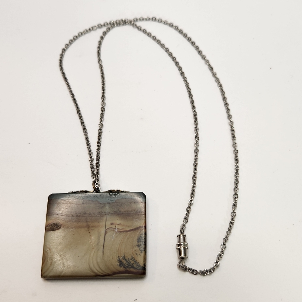 vtg 70s owyhee picture jasper pendant silvertone chain barrel clasp oregon